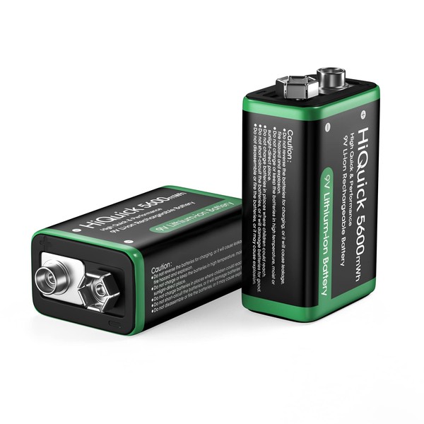 HiQuick Baterías recargables de litio de 9 V, 680 mAh de alta capacidad precargadas de 9 V, batería de litio de larga duración para detectores de alarma de humo (paquete de 2)