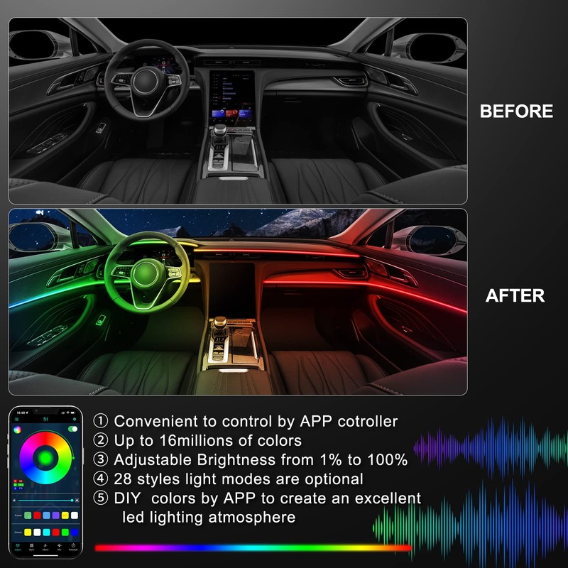 Acrylic Interior Car LED Strip Light with Wireless APP, RGB