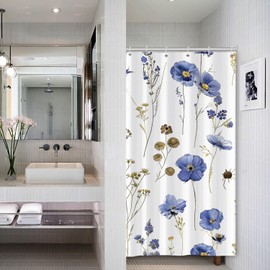 ASDCXZ Flowers Shower Curtain 120 x 200 cm, Spring Watercolour Blue Flowers Plants White Bathroom Washable Narrow Shower Curtains Polyester Textile Waterproof Shower Curtain for Bath with 8 Hooks