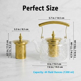 dingdaer High Borosilicate Glass Teapot, 44 oz / 1300 ml Thickened Heatproof Glass Teapot with Removable Stainless Steel Infuser and Lid, Stovetop Safe Tea Kettle, Hand Crafted Kettle, Gold handle