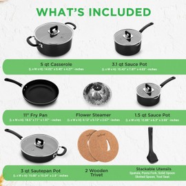 NutriChef 17pcs Stackable Pots and Pan, Stainless Steel Set Nonstick, Induction Cookware with Foldable Knob, Space Saving, Nylon Tools, Black, One Size