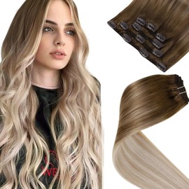 LaaVoo Clip-In Real Hair Extensions, Balayage, Clip-In Remy Hair Extensions, Ombre Brown to Ash Blonde with Platinum Blonde, 80 g, 5 Pieces, 30 cm