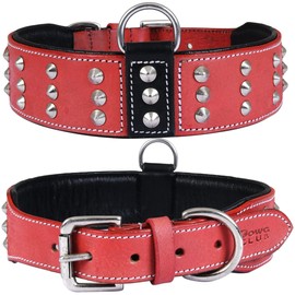 Genuine Leather Studded Dog Collar | Brazier Rivet | 2” Wide Dog Collar | Saddle Grade, Heavy Duty, Cushion Padding | Best for Medium, Large, XL Dog Breeds (M (Fit Neck Size 14.5"-18.5"), Red)