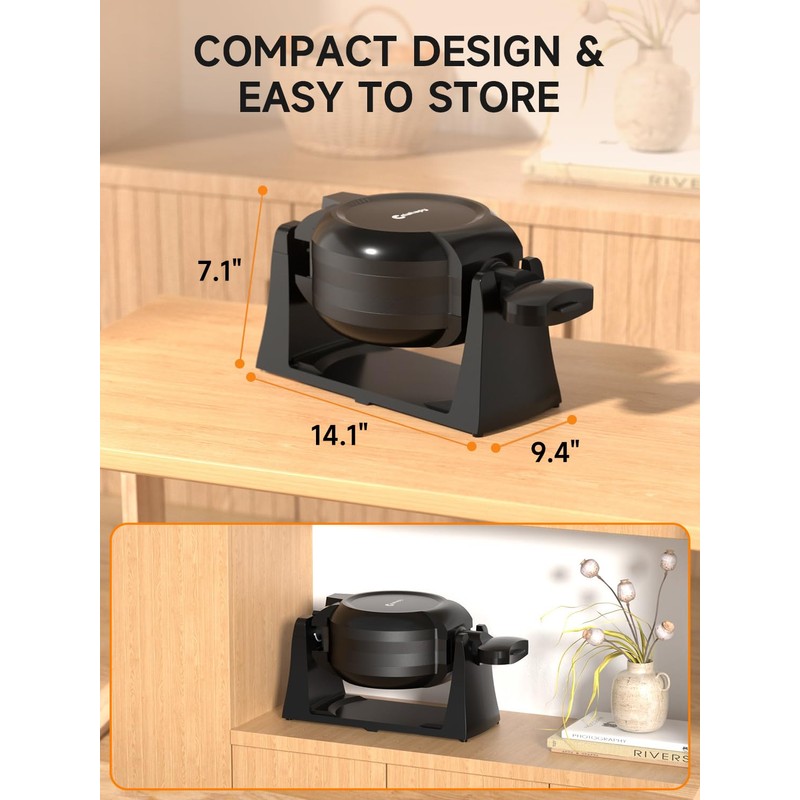Waffle Maker, 1400W Double Belgian Waffle Iron 180° Flip, 8