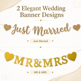 ARYIMYDP 2 ghirlande Just Married e Mr & Mrs 2m, decorazione matrimonio oro champagne, banner lettere per sfondo foto, auto, tavolo sposi, per tavolo sposi, per ricevimento, accessorio, creatività