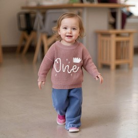 MAHUAOYIXI Baby Boy Girls First Birthday Sweater Long Sleeve Crew Neck Letter Crown Embroidery Ribbed Knit Pullover Jumper Toddler Clothes Warm Knitwear Birthday Gift (Pink, 9-12 Months)