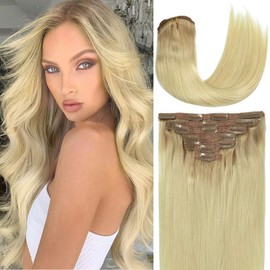 Caliee 14 Inch Human Hair Extensions Clip In Color R12/60 Ombre Light Golden Brown Roots to Platinum Blonde Silky Straight Natural Hair Extensions Remy Hair 120G 7Pcs for Full Head