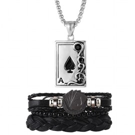 Aroncent 2 Pcs Stainless Steel Ace of Spades Pendant Necklace Multi-Layer Braided Leather Rope Bracelet with Poker Card Set Cool Bracelets Ace Necklace for Men