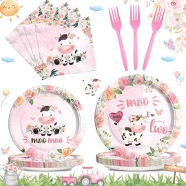 Hombae Moo Moo Im Two Birthday Supplies Tableware Set, Moo Moo Im Two Party Decorations, 2nd Birthday Decorations Girl, Pink Cow Second Theme Plates Napkins Forks Serves for 24 Guests