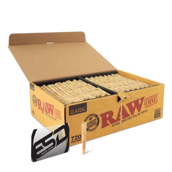 RAW Single Wide Cones 70/45 Sized | 720 Count | Natural Prerolled Rolling Paper with Tips with Tips and ESD Scoop Card