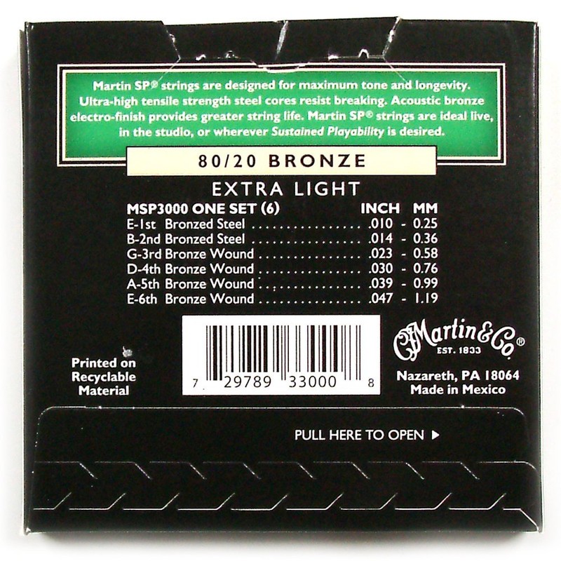 Martin MSP3000 SP 80/20 Bronze Acoustic Guitar Strings, Extra Light