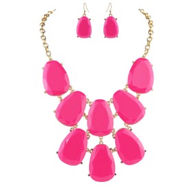 Firstmeet Statement Bubble Chunky Pendant Necklace with Earrings(XL-1123-Hot Pink)