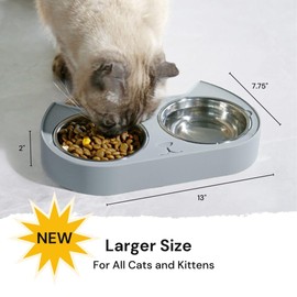 7 Ruby Road Cute Cat Bowls for Indoor Cats and Kitty, Double Cat Food Water Bowl Set with 2 Stainless Steel Pet Dishes and Grey Silicone Feeding Station, 350ml Kitten Bowls for Wet & Dry Food