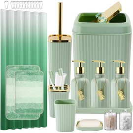 WSBArt 32PCS Bathroom Set Bathroom Sets with Shower Curtain and Rugs Green Bathroom Accessories,Shower Curtain Set,Bathroom Rug Set with Bathroom Trash Can