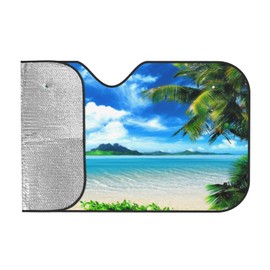 Windshield Sun Shade Beach Palm Tree Blue Ocean Car Front Window Sunshade Blocker UV Visor Retractable Automotive Sunshades for Vehicle SUV Truck Protector