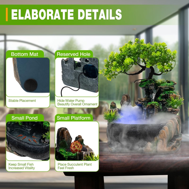 Desk Water Fountain Atomizing Rockery Water Fountain Desktop with LED