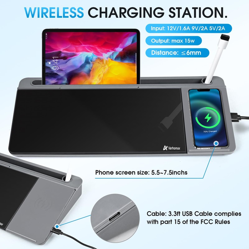 Varhomax Glass Desk Whiteboard with Wireless Charger, Desktop Organizer Dry
