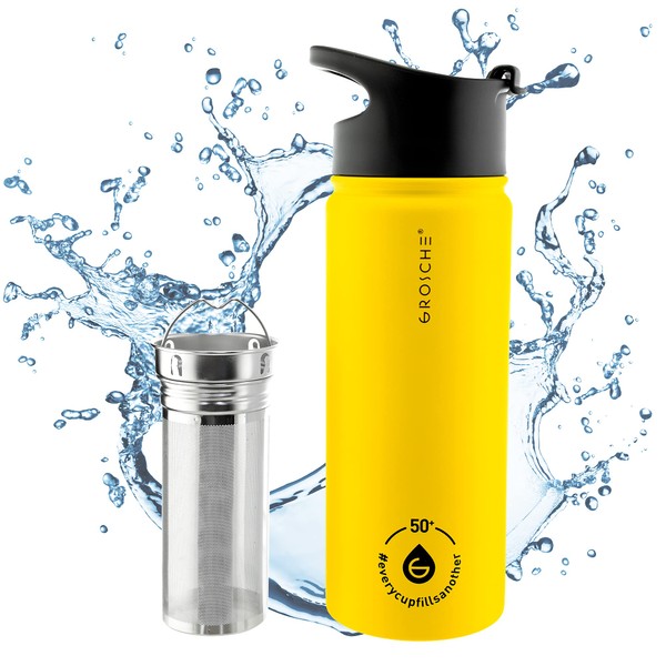 GROSCHE Chicago Steel 16 oz Stainless Steel water bottle (Yelow) with Jumbo Infuser. Vacuum Insulated Infuser water bottle flask. For sports, yoga, tea, hydration. Snap lid.