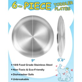 Bakpoco 18/8 Stainless Steel Kids Plates Set of 6, 9-inch Thickened Toddlers Adults Dinner Plates, Non Toxic Metal Dishes Food Tray for Eating/Serving/Camping/Snack, Shatterproof & Dishwasher Safe