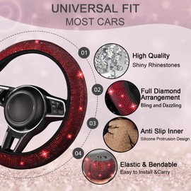 NBTEPEM 8 pcs Bling Car Accessories Set for Women, Bling Rhinestone Diamond Steering Wheel Cover, Sparkly Seat Belt Covers, Bling Gear Shift Cover, Universal Fit Most Cars (Red Diamond)