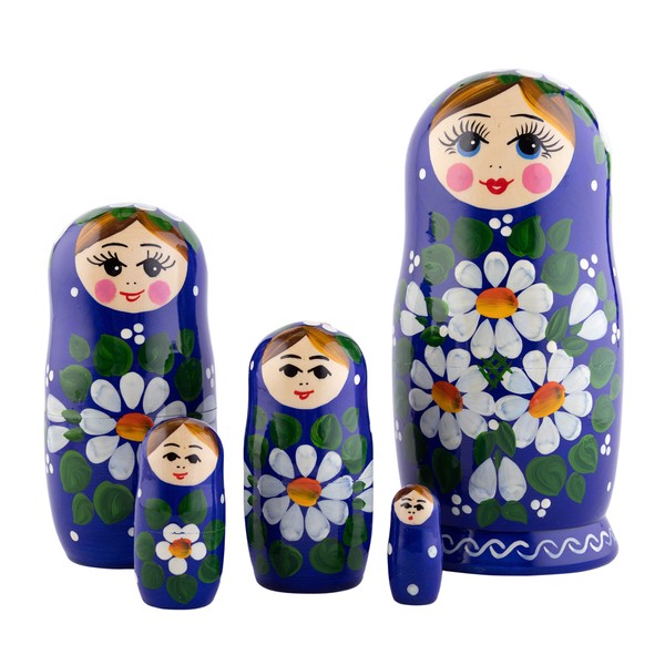 Heka Naturals Romashka Nesting Dolls | All Natural Wooden Matryoshka Doll Set of 5 (18 cm) - Traditional Babushka Home Decor, Wooden Stacking Toys, Handmade Toys & Games, Shape Sorter Accessories