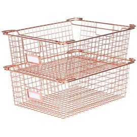 Granrosi XXL Stackable Wire Baskets for Organizing Set of 2 Rose Gold Wire Storage