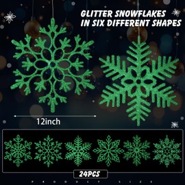 Sratte Large Snowflakes Ornaments 12" Plastic Glitter Snowflake Decorations Giant Winter Christmas Hanging Decor Oversized Snow Flakes Ornaments for Indoor Outdoor Decor(Dark Green,24 Pack)