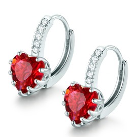 MASOP Fantaistic Sterling Silver Drop Huggie Hinged Hoop Earrings Leverback Heart Shape July Ruby Birthstone