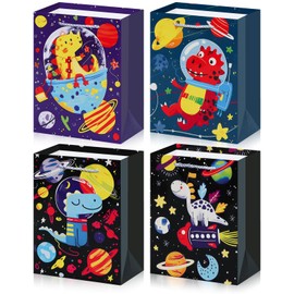 BBLIKE 4 pcs Luxury Gift Bags - Cute Dinosaur Astronaut Birthday Gift Bag for Baby Boy Kids, Large Celebration Bag with with Handles for Christmas,Birthday,Baby Shower,Party,Any Occation Multi-Colour