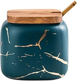 VollfitYYu Ceramic Spice Jar, Marble Look, Salt Jar, 360 ml, Kitchen Spice Container with Spoon and Lid for Sugar, Salt, Spices, Tea (Green)