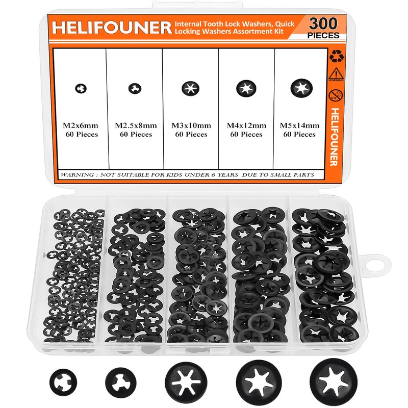 HELIFOUNER 300 Pieces 5 Sizes Internal Tooth Star Lock Washers,