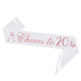 PYQWA Cheers to 20 Sash with Rose Gold Foil - White Soft Satin for Girls - 20th Birthday Sash Gifts - 20 Years Old 20th Birthday Party Favors Supplies
