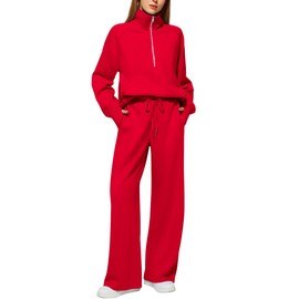 Casly Lamiit Matching Sets for Women 2 Piece Comfy Long Sleeve Sweatshirt Cute Winter Outfits Oversized Wide Leg Pants Lounge Tracksuit Red M