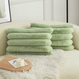 Neelvin Green Faux Fur Cozy Soft Striped Decorative Throw Pillow Covers 12x20 inch Set of 2,Velvet Pillowcase Cushion Case for Sofa Couch