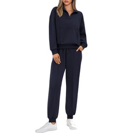BTFBM Women 2024 Two Piece Tracksuits Sweatsuits Fall Winter Clothes Quarter Zip Sweatshirt Jogger Pants Y2K Lounge Sets(Navy, Large)
