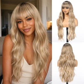 purshine Long Ombre Blonde Wig with Bangs for Women, 26 Inch Long Curly Lace Wig Natural Looking Heat Resistant Synthetic Wig for Daily Party Use?#TT1B/A.BLD?
