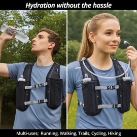 Running Hydration Vest for Women and Men, 8 Pocket, Quick Dry, Water-Resistant, Breathable, Black Vest + 1.5 L Bladder + 2 x 500 ml Soft Flasks, Adjustable Backpack for Runs, Hiking, Cycling