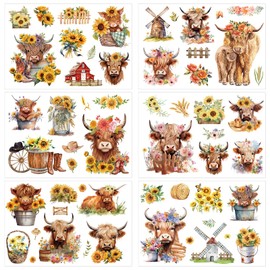 Highland Cow Rub on Transfers - Joybileefun 6 Sheets Sunflower Highland Cow Transfers for Crafts Farm Animals Rub on Transfer Stickers Decor for Furniture Wood Glass Scrapbook Home Decor
