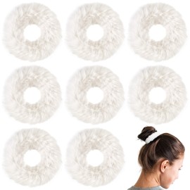 OIIKI White Fuzzy Hair Scrunchies 8pcs, Furry Hair Ties Bands with Faux Rabbit Fur, Soft Kawaii Fluffy Cute Elastic Hair Tie Ponytail Holders for Girls Women Halloween Christmas Hair Accessories