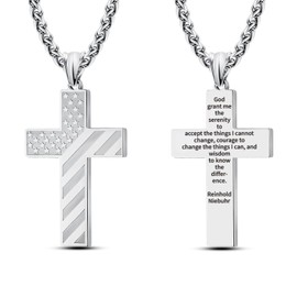 Silver American Flag Cross Necklace for Men Engraved Serenity Prayer – Stainless Steel Inspirational Quote Bible Verse Pendant Jewelry – USA Patriotic Christian Religious Birthday Gifts for Him