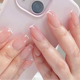 White French Tip Press on Nails Coffin Short Fake Nails Light Pink Full Cover Acrylic Nails Press ons Glossy Glue on Nails Artificial Stick on Nails for Women and Girls 24Pcs