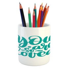 Ambesonne Saying Pencil Pen Holder, You Are So Loved Text Handwritten Lettering Romantic Valentines Day Theme, Printed Ceramic Pencil Pen Holder for Desk Office Accessory, Turquoise and White