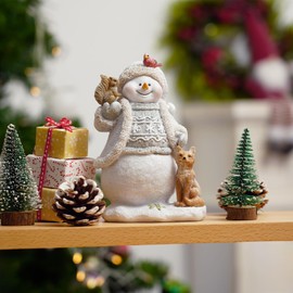 Christmas Snowman Decorations Indoor Figurines Glowing Knitting Design Gift Decor, Animated Xmas Home Ornament, Holiday Presents White & Blue with Animals Snow Buddies - White