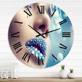 Designart 'Close-Up Of Gems On Woman Lips' Modern wall clock - 36 in. high, 36 In. Wide