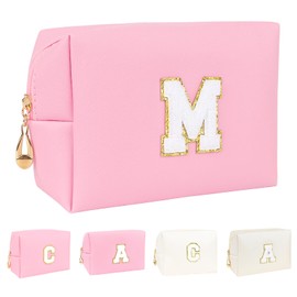 Jacng - Bolsa de cosméticos de poliuretano con inicial A-Z personalizada con cierre abierta ancha bolsa de maquillaje bolsa de viaje con parche de letras de chenilla, bolsa organizadora de artículos de cambiador para mujer, Rosado, M