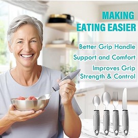 Nourislif Adaptive Utensils 4pcs For Hand Tremors,Elderly, Arthritis,Parkinsons-Built Up Utensils For Adults–Easy Grip Aids handle–2.5oz Each Weighted Silverware For Hand Tremors