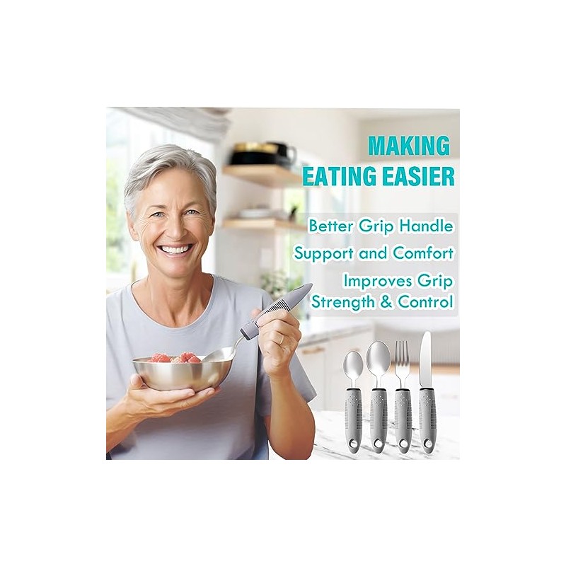 Nourislif Adaptive Utensils 4pcs For Hand Tremors,Elderly, Arthritis,Parkinsons-Built Up Utensils