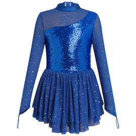 ODASDO Figure Skating Dress for Girls Ice Skating Kids Teenager Girl Mesh Long Sleeve Sparkly Rhinestones Sequin Skirted Leotard Gymnastics Competition Ballet Outfit Dancewear Royal Blue 11-12 Years