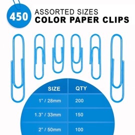 Kempshott 450 Blue Color Paper Clips Assorted Sizes Small, Medium and Large Paper Clips...