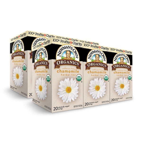 Newman's Own Organics Chamomile Tea Caffeine Free Herbal Tea for, Stomach Ease Tea that May Support Healthy Digestion, Egyptian Chamomile Tea with 20 Individually Wrapped Tea Bags Per Box (Pack of 6)